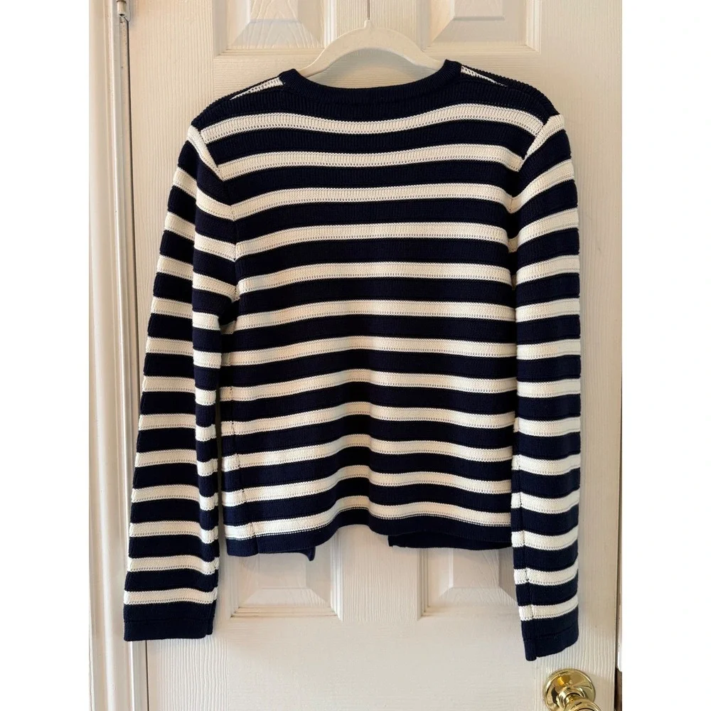 PrettyGarden Navy White Striped Cropped Cardigan‎ Gold Button Sweater Small NWOT